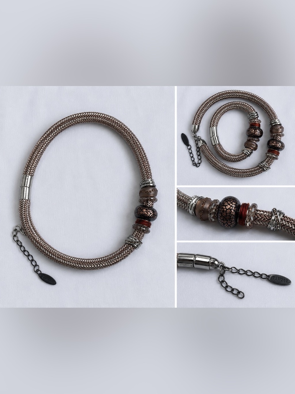 Beaded Mesh Statement Necklace and bracelet in Bronze and Brown